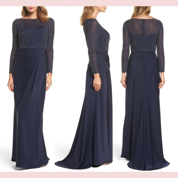 NWT $508‎ La Femme [ 8 ] Long Sleeve Beaded Column Gown in Navy #Q255
